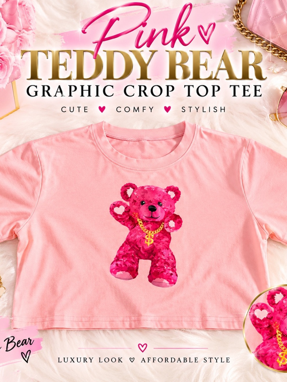 Pink Teddy Bear Graphic Crop Top Tee - Women’s